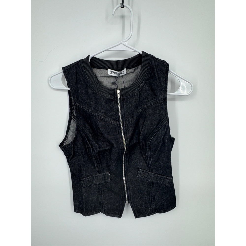 NWT Princess Polly Isibel Vest Women's 4 Black Denim Zip-Up Ribbed‎ Neckline